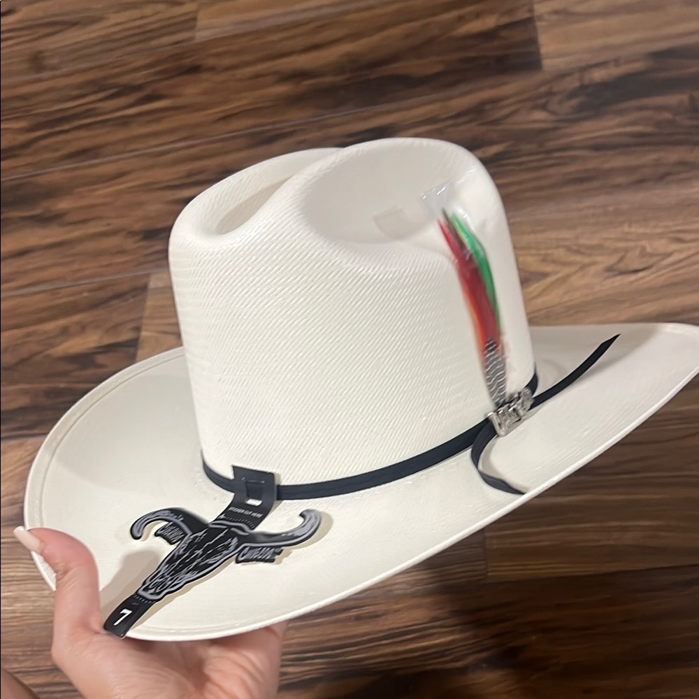 100X Chic White Cowboy Hat with Black Band and Feather